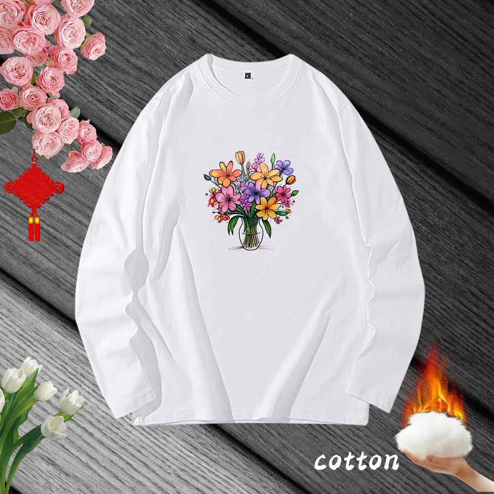 Women Fashion Clothing Graphic T-shirts A bouquet of flowers Clothes Print White Female Shirt Long Sleeve Lady Casual Tee