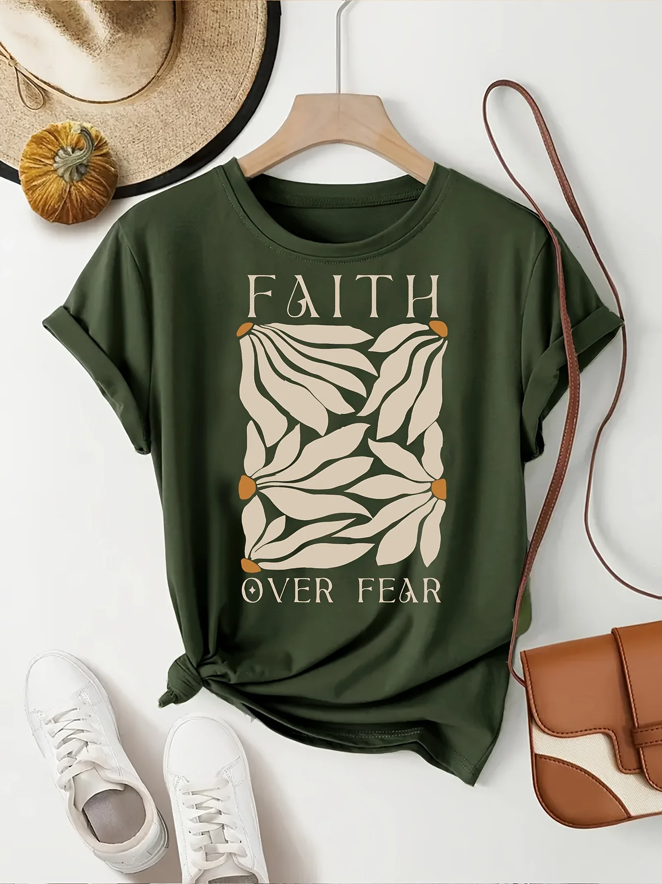 Faith Over Fear Women's Tee - Minimalist Leaf Graphic, Inspirational Casual Top