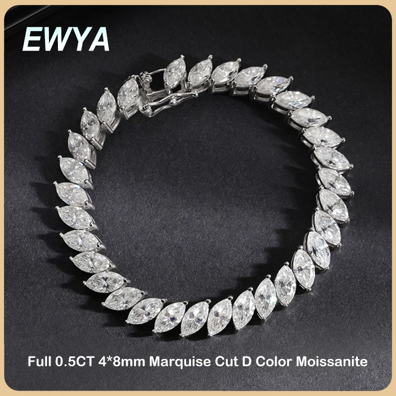 

EWYA Full 0.5CT 4*8mm D Color Marquise Cut Moissanite Tennis Bracelet for Women Men 925 Silver GRA Certified Diamond Bracelets