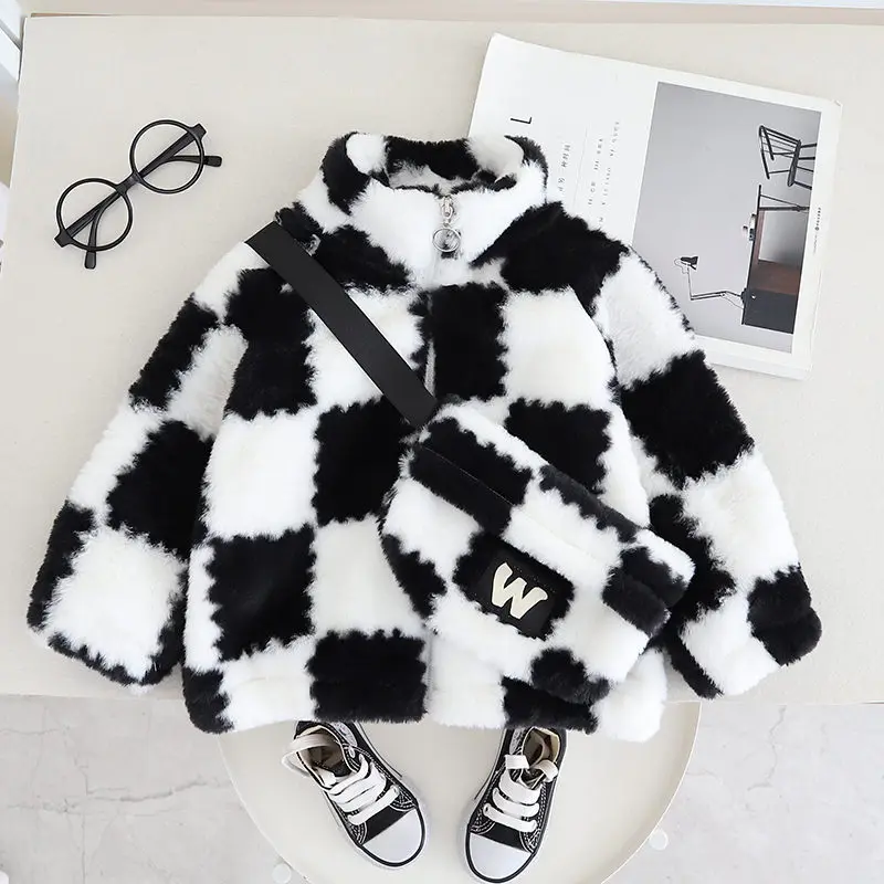 New Children Winter Warm Outwear Kids Cartoon Thicken Plaid Jackets Kids Boys Cotton Clothing Toddler Cony Hair Coat With Bag