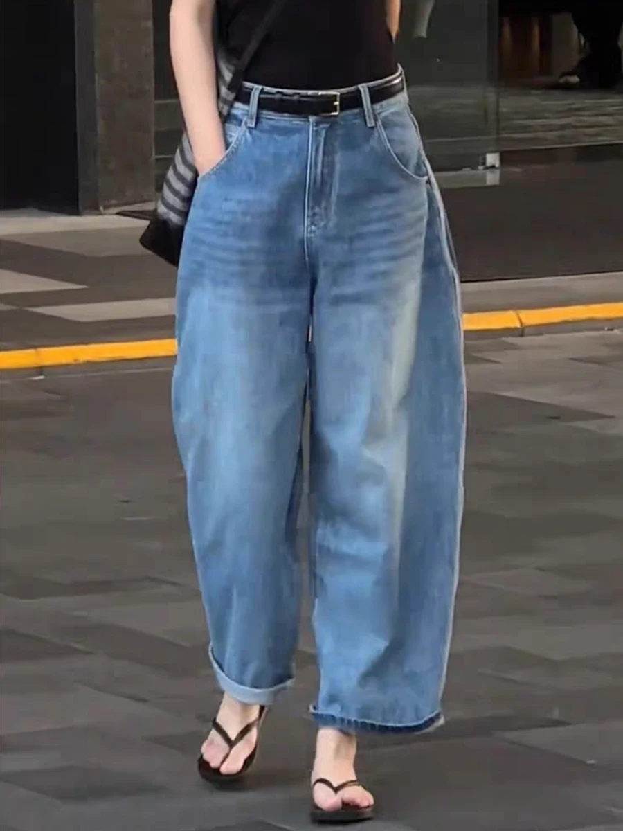 

Свободные джинсы с высокой талией из синего денима для женщин, весенняя мода, большие размеры, прямые широкие брюки, повседневные, стильные