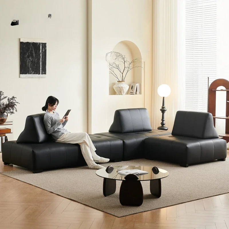 

Movable backrest Italian minimalist tofu block small apartment double-sided seat black all-leather modular sofa