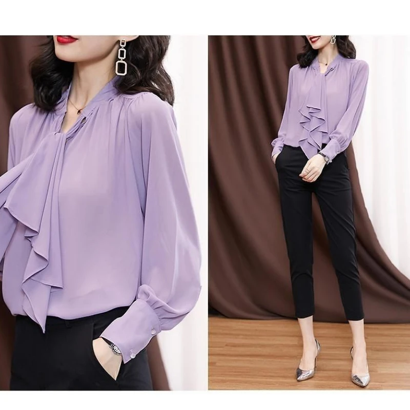 Fashion Women\'s Spring V-neck Chiffon Shirt Shirt Purple Elegant Office Temperament Long-sleeve Spring and Summer Party Shirt