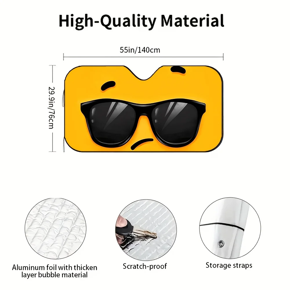 1pc, Fun Cartoon Yellow Fashion Glasses with Raised Eyebrow Theme Pattern, Universal Foldable Car Front Windshield