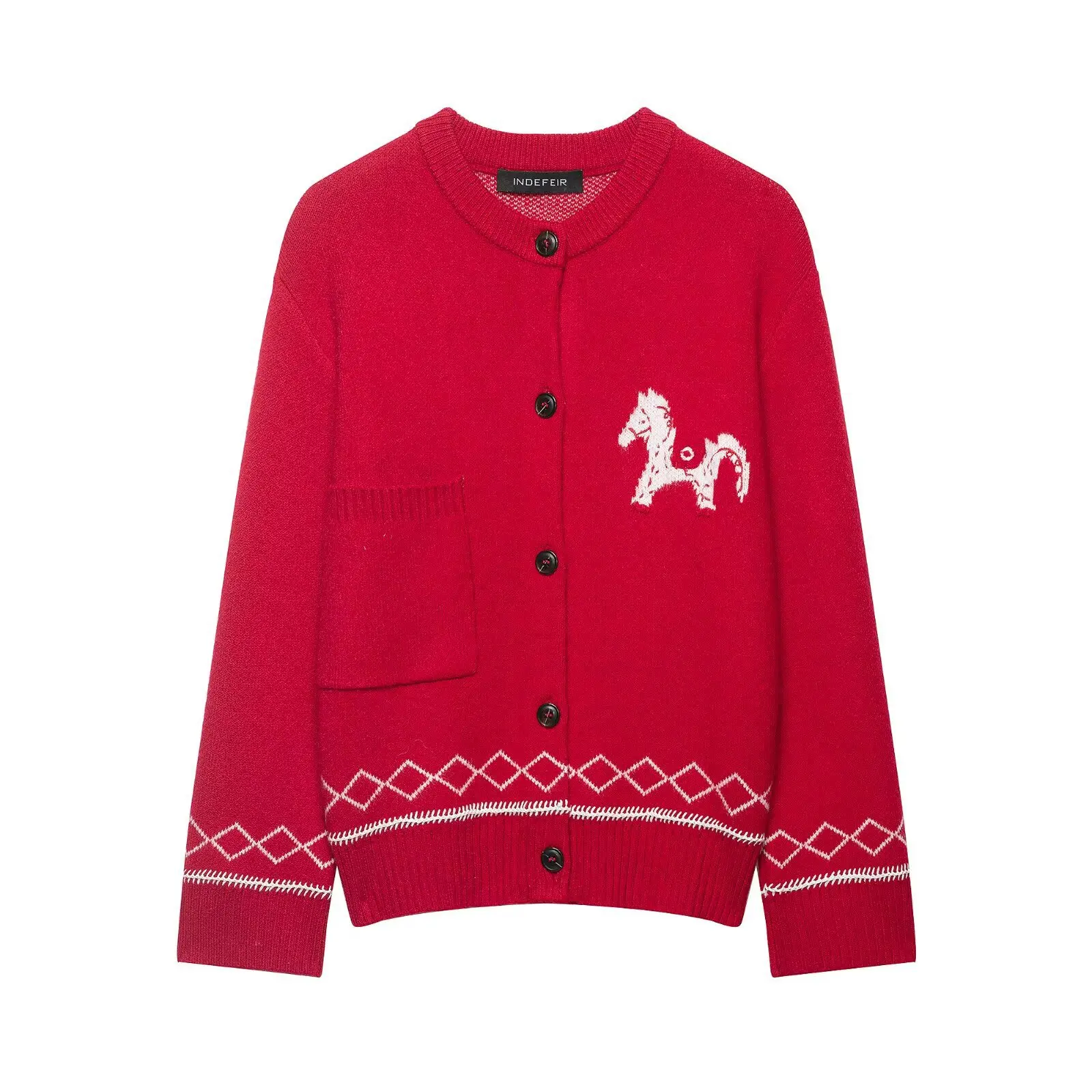 

Женская модная повседневная жаккардовая вязаная куртка, красный вязаный кардиган с вышивкой белой лошади и геометрическим узором, модный дизайн 5ZNJ