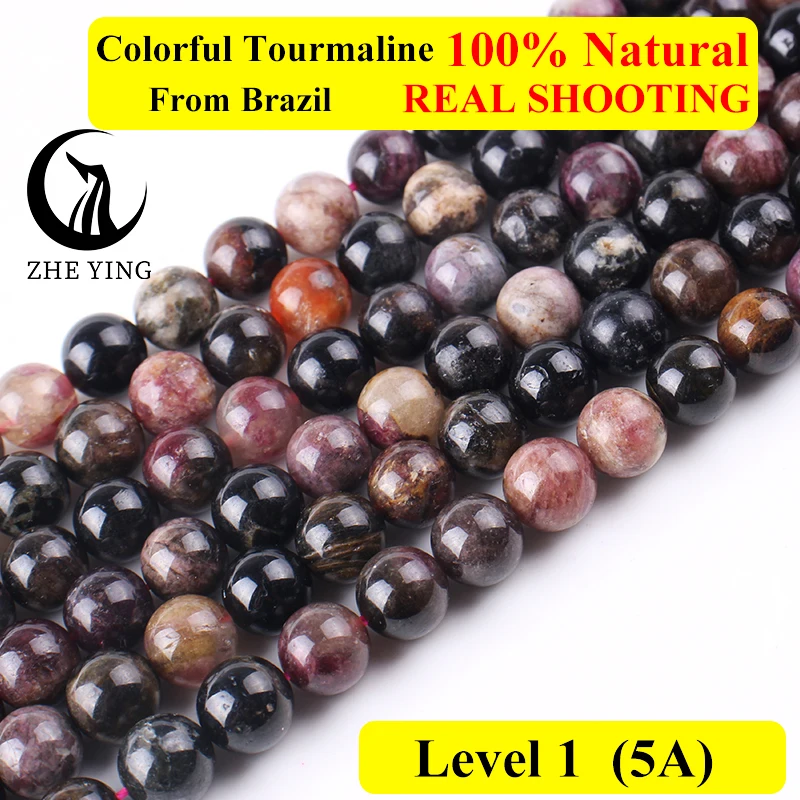 Zhe Ying Natural Colorful Tourmaline Beads Round Loose Natural Gemstone Beads for Jewelry Making Bracelet Diy Accessories