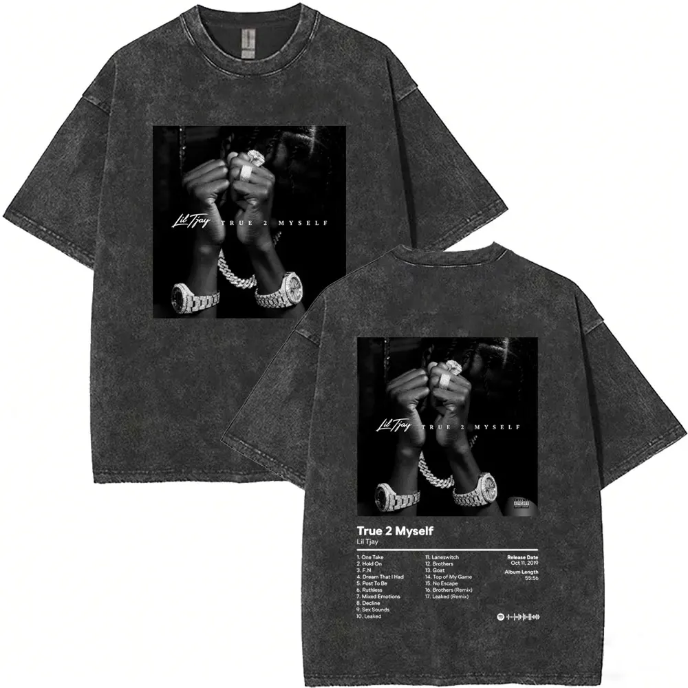 

Washed Vintage Rapper Lil Tjay T-shirt True 2 Myself Album Graphic T-shirts Men's Hip Hop Fashion Oversized T Shirts Streetwear
