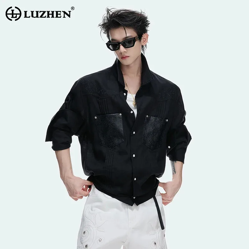 LUZHEN 2026 New Double Pockets Long Sleeve Solid Color Shirts Men's Stylish Handsome Linen Leather Patchwork Design Tops JY8178