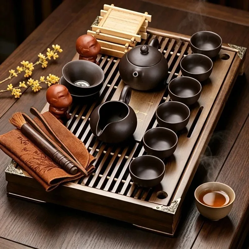 Yixing Lila Ton Kung-Fu-Tee-Set, Massivholz-Schubladenförmiges Tee-Tablett, Komplettes Set aus Lila Ton-Tee-Set, Chinesische Teezeremonie