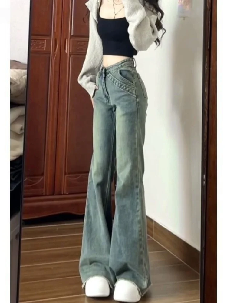 

American Style Bell Bottom Jeans Women's High Waist Slim Fit Summer New Style Large Size Fat MM Long Pants with Frayed Hem