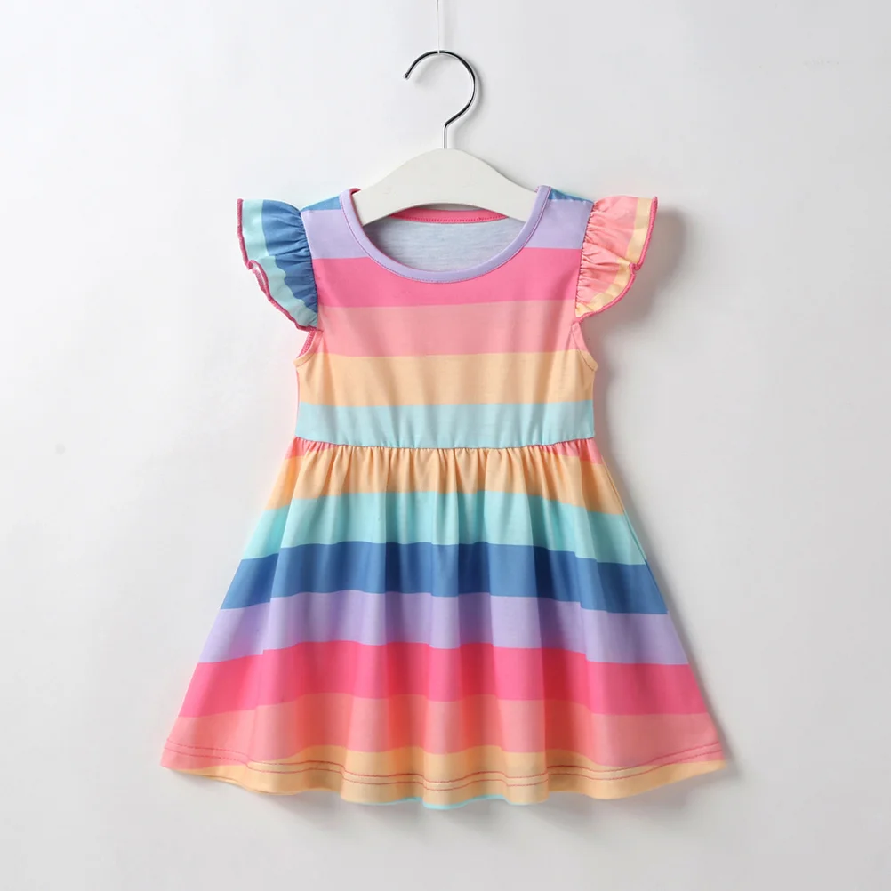 

Rainbow Stripe Girls Dress Sleeveless Summer Clothes Casual Party Wear Polyester Soft Skin Friendly Size 100cm