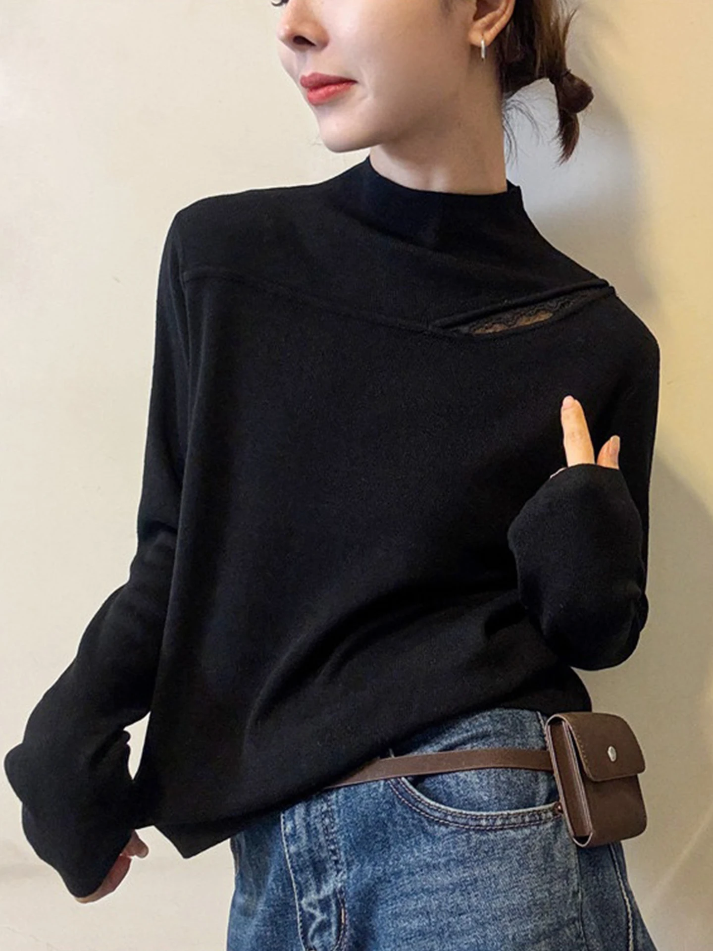 Winter Lace Hollow Knitted Long Sve Top Women's f High Collar Simple Matchable Base irt Korean Sle Commute Faion
