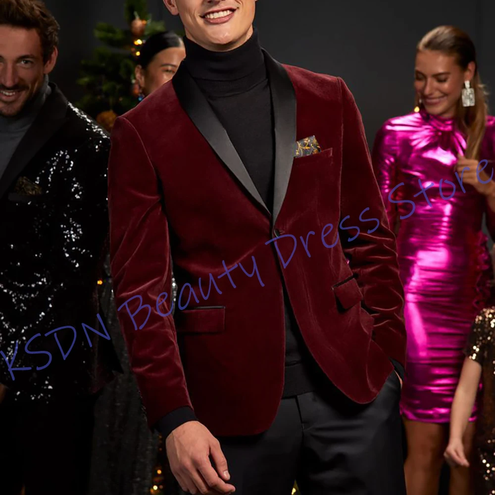 Conjunto de 2 peças de veludo borgonha masculino de luxo com botão único xale lapela com cetim preto festa de natal formal smoking blazer