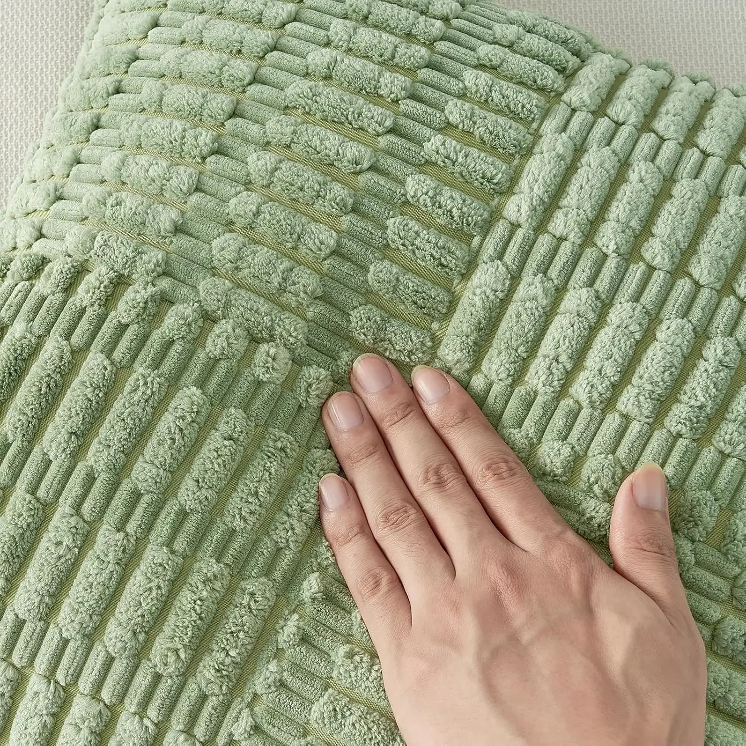 Sage Green Throw Pillow Covers 18x18 Inch Soft Corduroy Pillow Cover Boho Textured Striped Patchwork Cushion Case for Couch Sofa