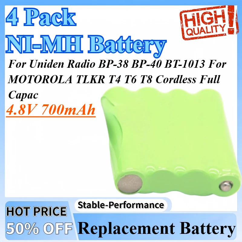

4.8V 700mAh 4 Pack NI-MH Replacement Battery For Uniden Radio BP-38 BP-40 BT-1013 For MOTOROLA TLKR T4 T6 T8 Cordless Full Capac