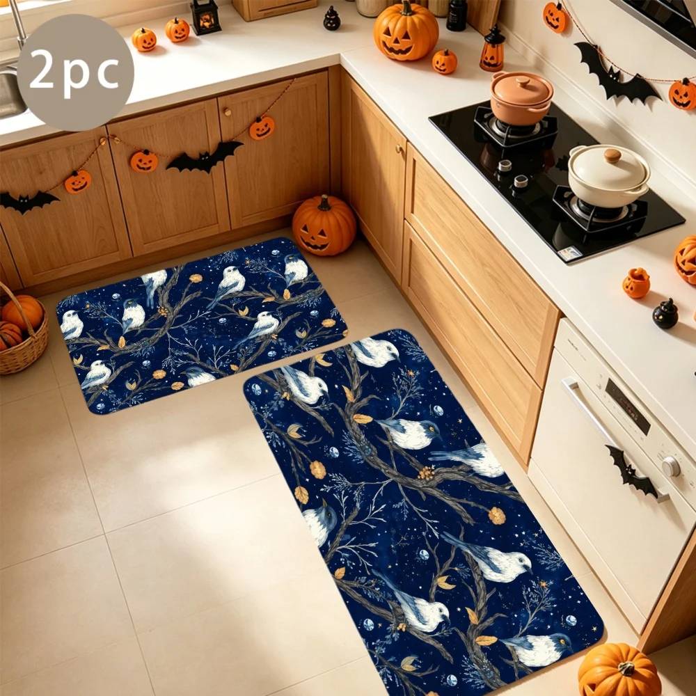 1/2/3pcs Kitchen Rugs, Welcome Door Mat Set, Home Halloween Decoration for Front Door, Kitchen, Bathroom, White Birds On Dark Blue Branches with Golden Leaves Dining Mat, Housewarming Party Gift.