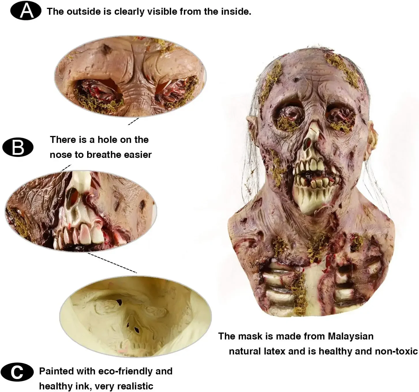 MAKEATREE Scary Walking Dead Zombie Head Mask Latex Creepy Halloween Costume Horror Adult Halloween Decoration Props 6