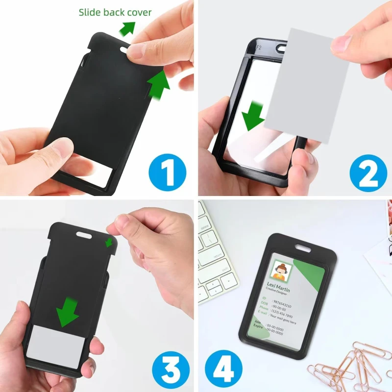 Sliding Id Badge Holder Black Plastic Card Case Protector Pouch With Clear Window For School Id Credit Cards Key Cards image 3