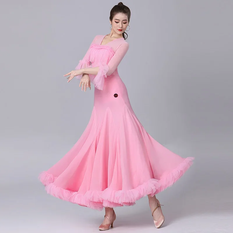 

Modern Dance Performance Clothes 2024 New Women's Elegant Pink Big Swing Skirt Costumes Waltz High End Ballroom Dance Dress