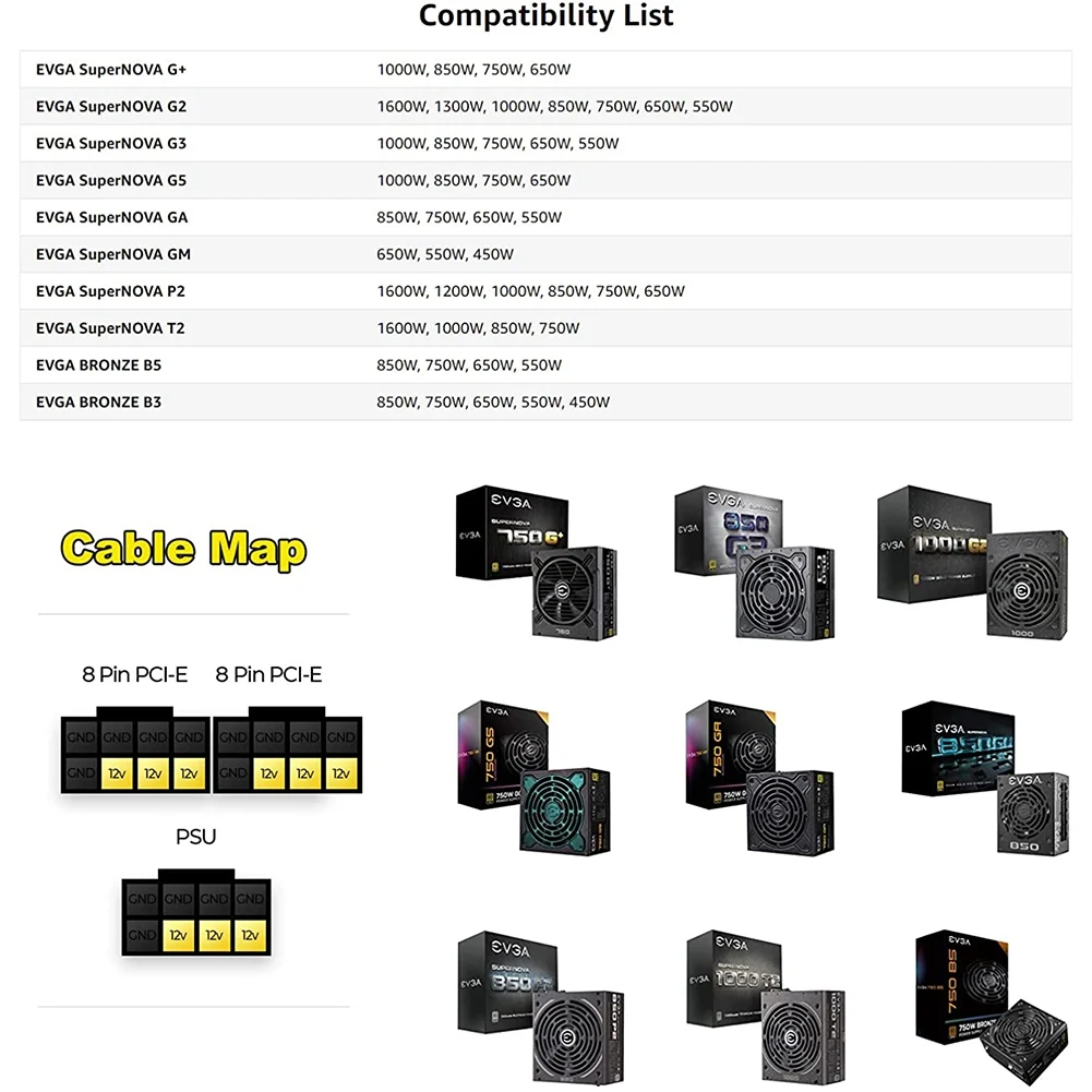 كابل طاقة GPU لـ EVGA G + G2 ، G3 ، G5 ، GA ، GM ، B3 ، B5 ، T2 ، وحدات ، PSU ، VGA ، ذكر إلى ثنائي PCIe ، 8 ، 6 + 2 Pin