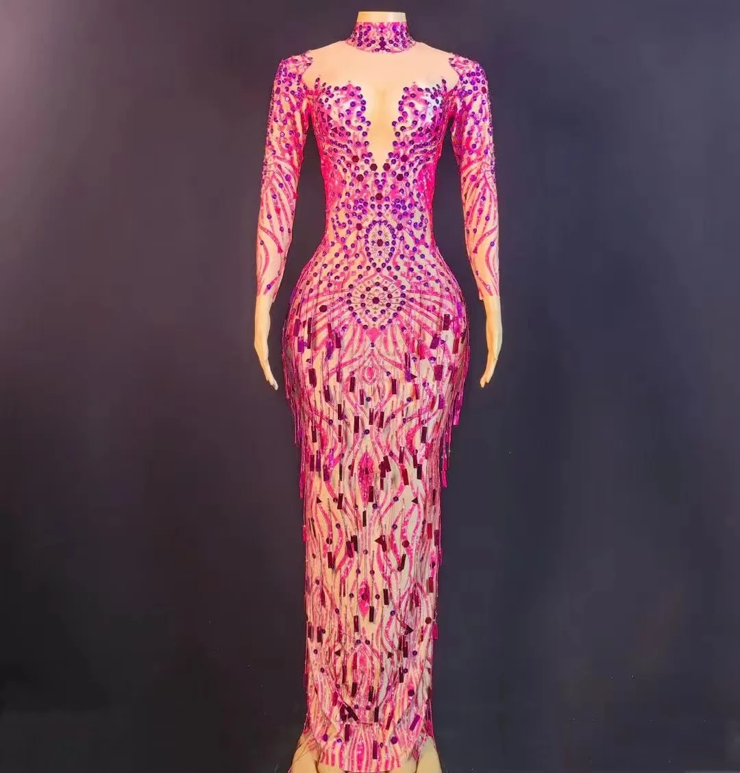 ชุดเดรสยาวสีน้ำเงินประดับเลื่อมและคริสตัลรูปทรงเซ็กซี่สำหรับงานแสดงบนเวที งานวันเกิด งานแสดง งานพรอม งานปาร์ตี้ เหมาะสำหรับนักเต้น นักร้อง และผู้หญิง