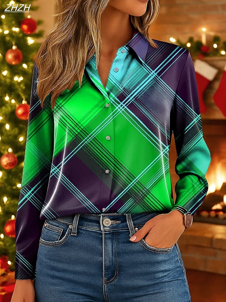 Damenbluse mit Karomuster, elegantes Hemdkragen-Design, 2025 Weihnachtsfeierkleidung für alle Jahreszeiten, Büromode, Langarmhemden