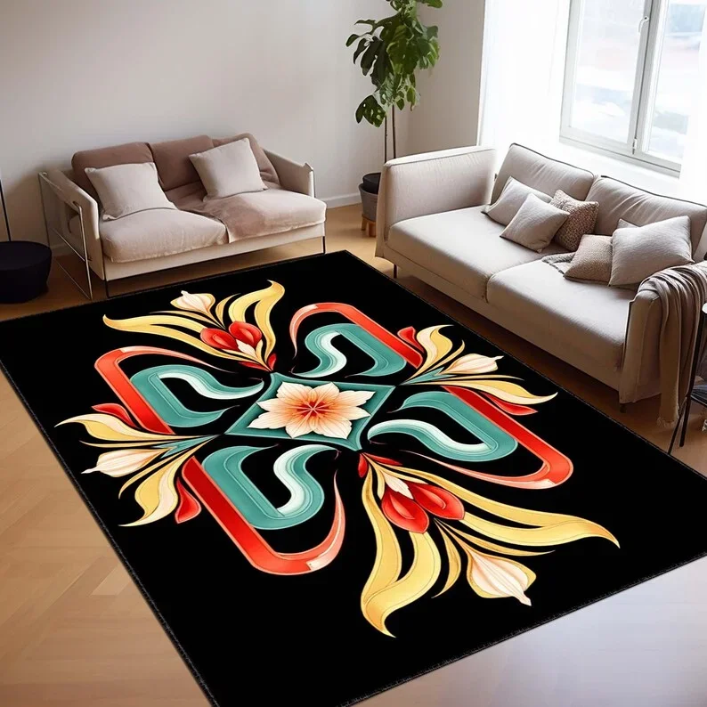 Colorful Floral Patterned Rug  Dark Botanical Design Carpet Vibrant Garden Aesthetic Mat Bedroom Home Decoration