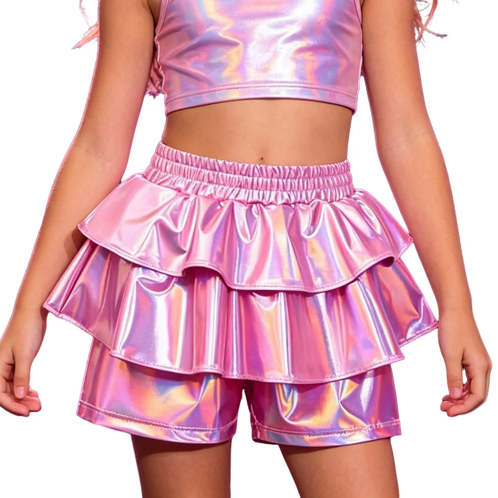 

Kids Girls Metallic Jazz Hip Hop Street Dance Shorts Elastic Waistband Ruffle Culottes Scooter Skater Pants for School Party