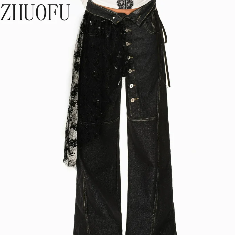 American Retro Design Women's Jeans Sweet Cool Y2k Fashion Diagonal Breasted Heavy Industry Straight Wide-leg Pants Ladies New