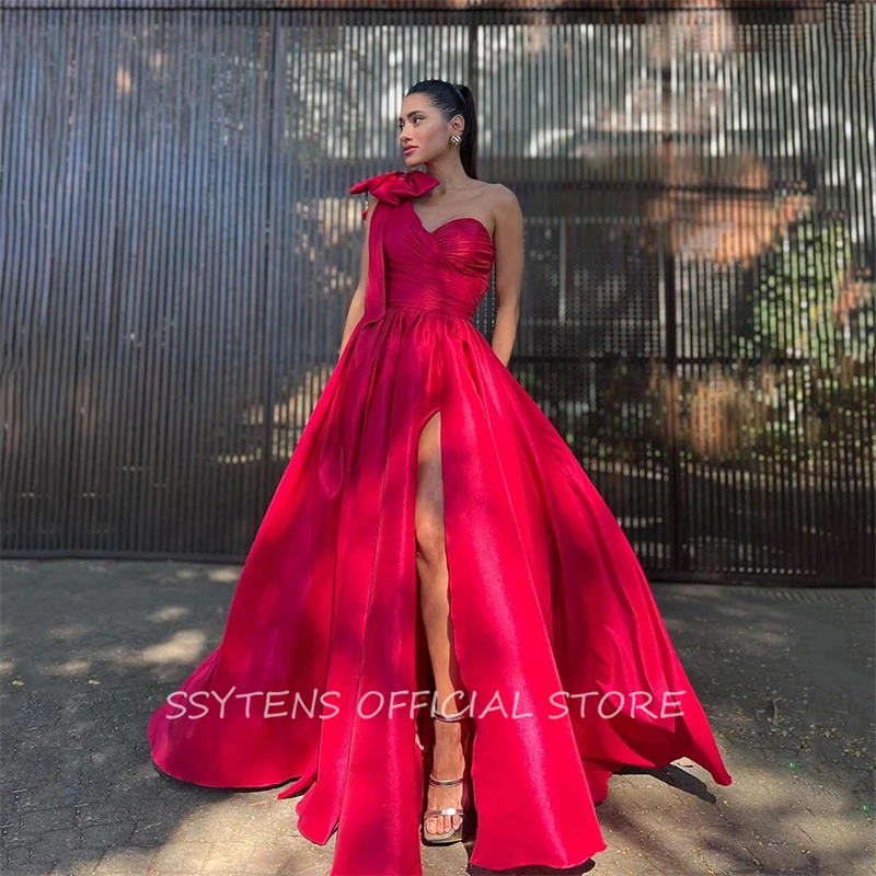 Elegant Red Satin Evening Dresses One Shoulder Bow Side Split Long A Line Pleats Wedding Party Graduation Prom Dress Plus Size