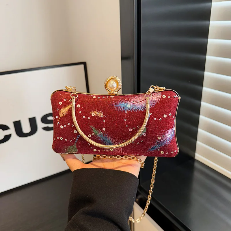 

Retro Fashion Sequin Feather Print Small Clutch Purse Chain Shoulder Bag Crossbody For Women Banquet Party Box Evening Bag 2025