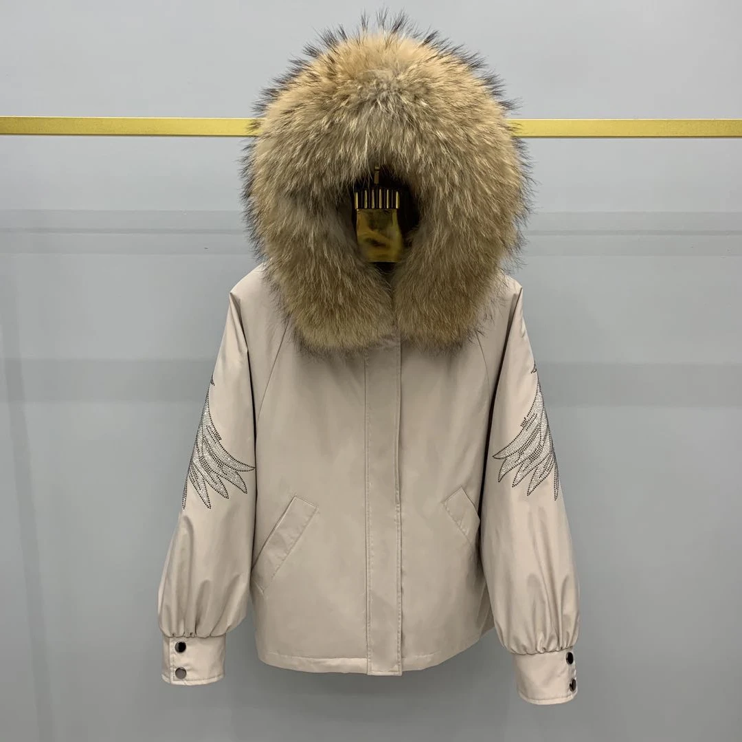 Parkas de inverno feminino com gola removível de pele de coelho Rex, jaqueta com capuz, asas de manga batwing, casaco de perfuração quente, moda