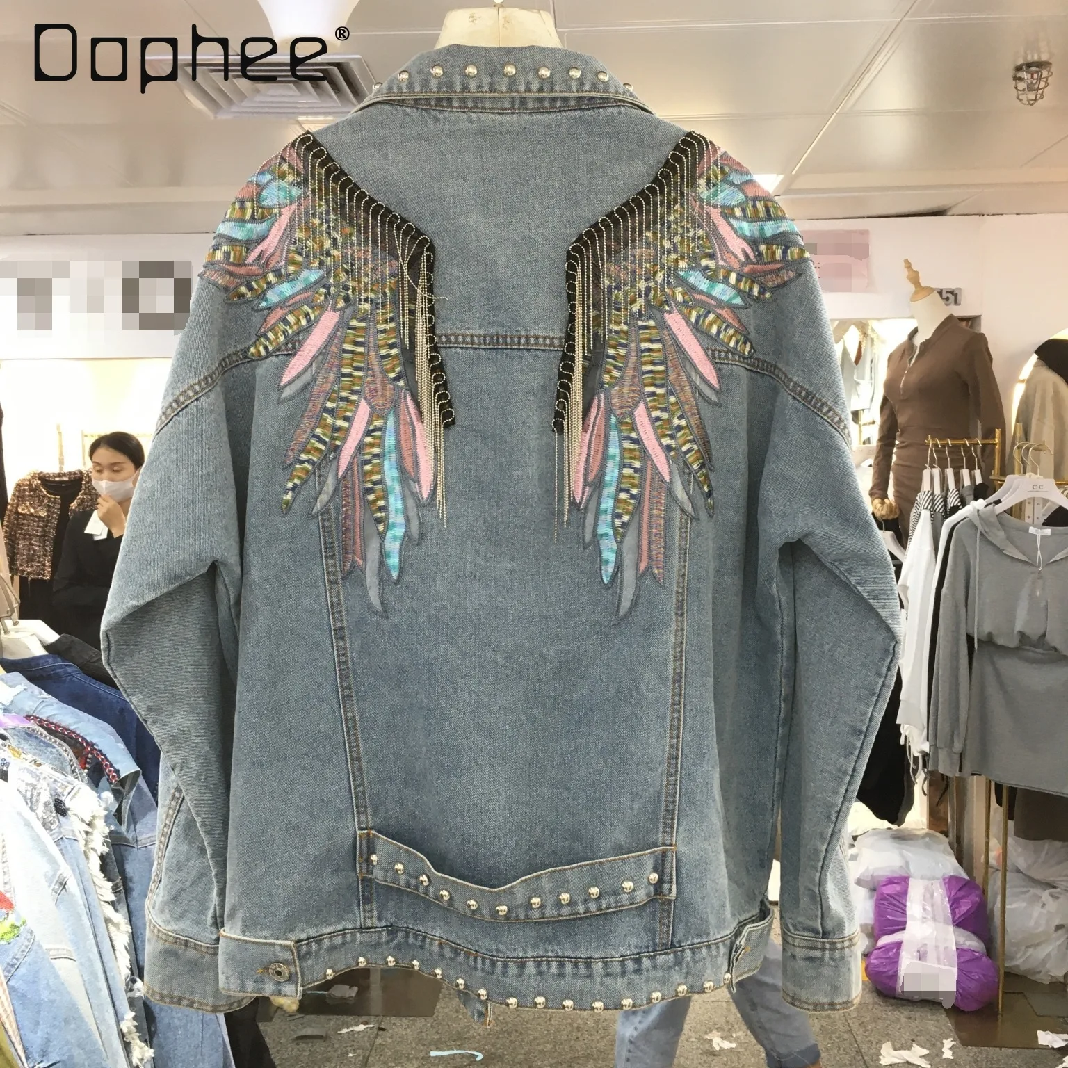 

Embroidery Wings Rivet Denim Jacket Women Chain Tassel Jeans Coat Spring Autumn Long Sleeve Lapel Single-breasted Casual