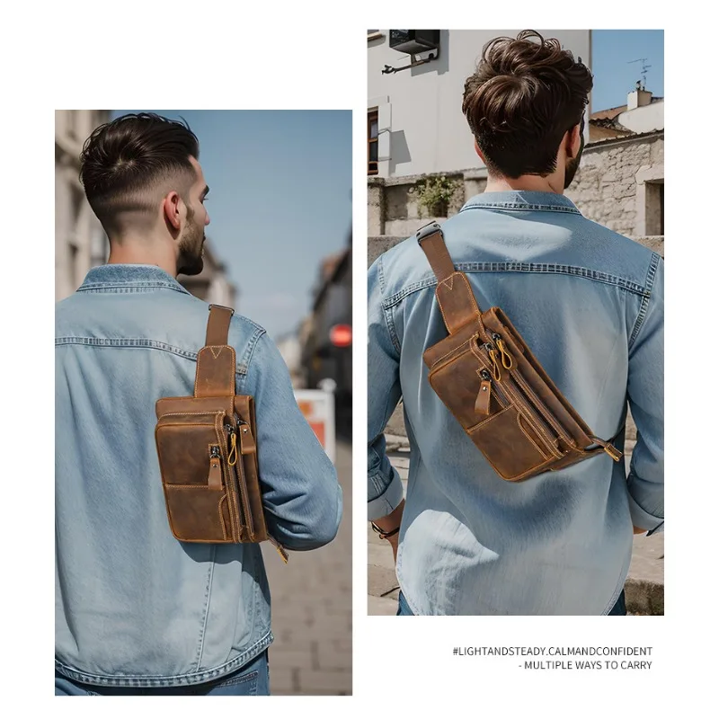 

Waist Bag Multifunctional Men's Genuine Leather Crossbody Bag Men's Head Layer Cowhide Chest Bag Waist Bag