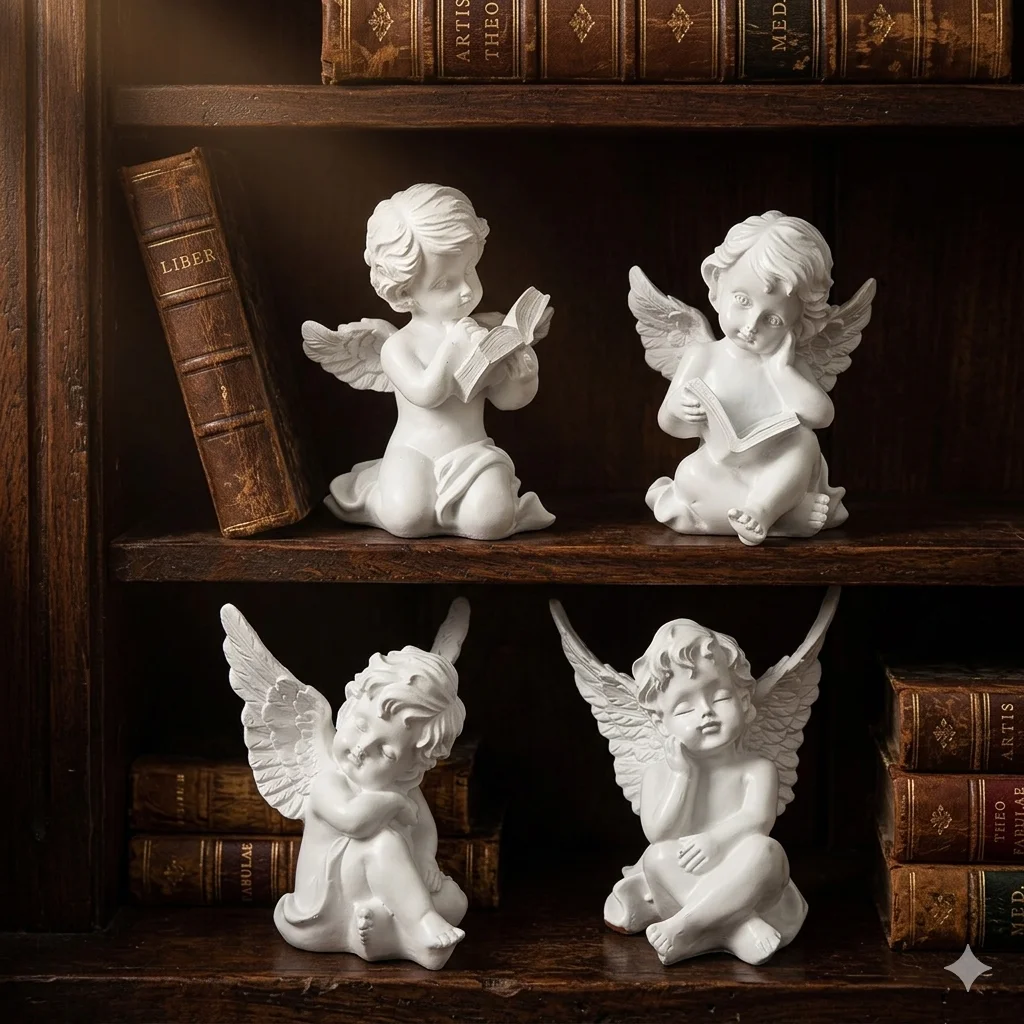 White Angel Resin Statue Vintage Cherub Sculpture Cute Fairy Figurine European Home Decor Room Aesthetic Bookshelf Ornament Craf