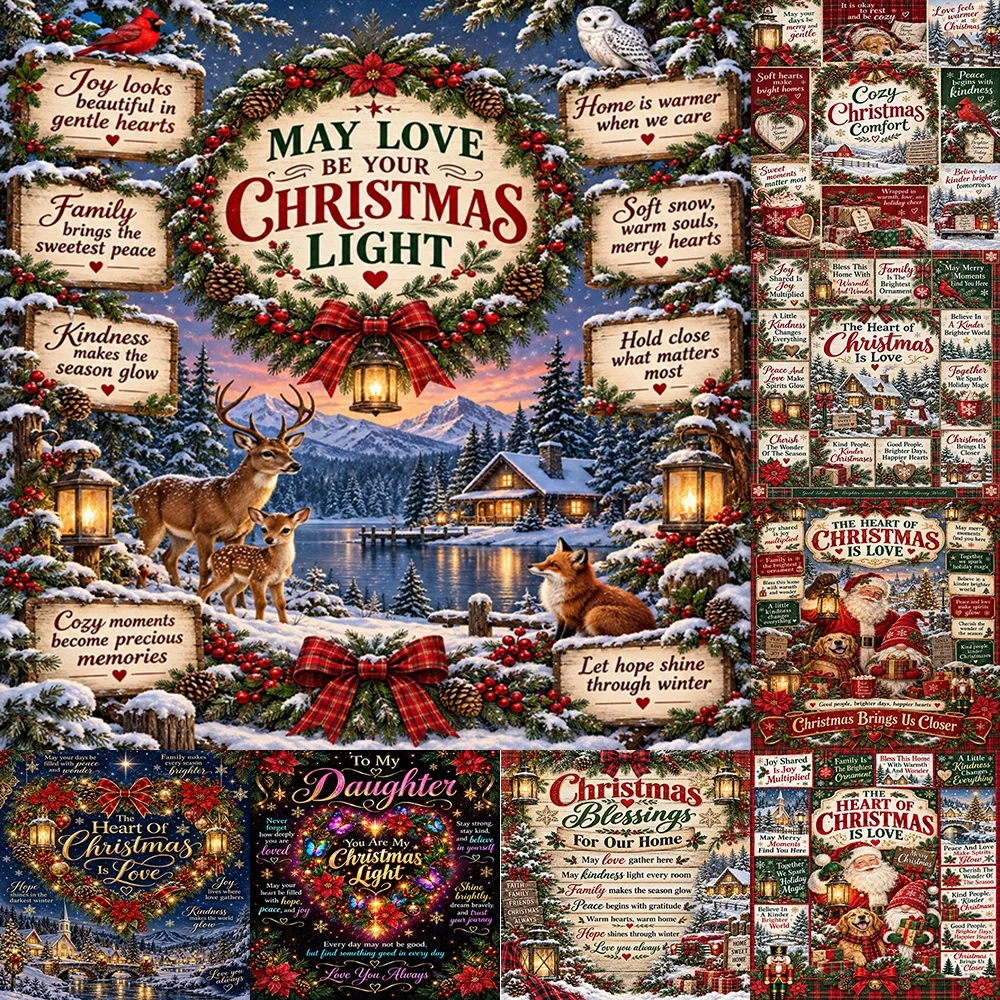 1pcs Vintage Christmas Lodge Wildlife Throw Blanket with Warm Holiday Quotes for Home Cozy Winter Decor
