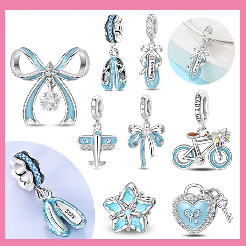 

Romantic Blue Series 925 Silver Plated Bow Ballet Shoes Heart Lock Charms Beads Fit 3mm Original Bracelets DIY Jewelry Pure Gift