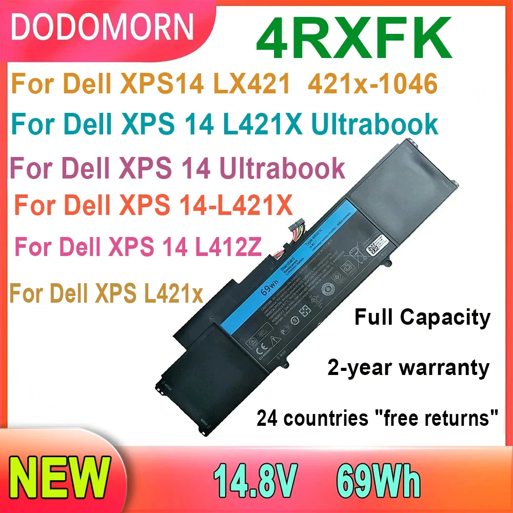 DODOMORN 4RXFK Laptop Battery For Dell XPS 14 LX421 421x-1046 L421x L412Z Ultrabook C1JKH FFK56 69Wh Rechargeable Li-polymer