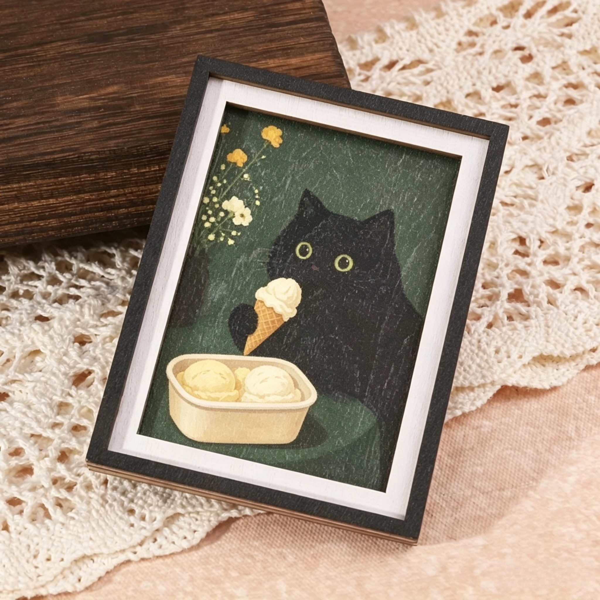 Holzgerahmter Kühlschrankmagnet, niedliche schwarze Katze, die Eiscreme isst, Vintage-Kunstdekoration für Küchenkühlschrank, Heimdekoration für Katzenliebhaber – Detail 4