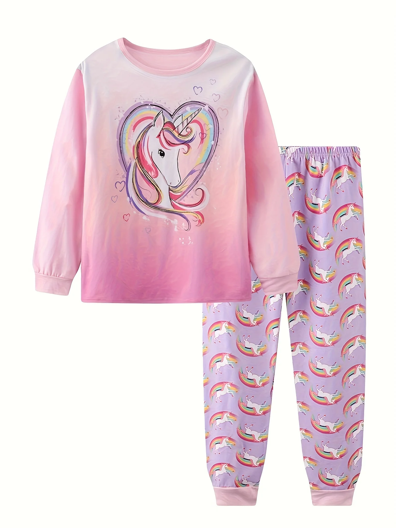 Toddler Girls Unicorn Cartoon Long Sleeved Pajamas 2-Piece Set For Baby Girls