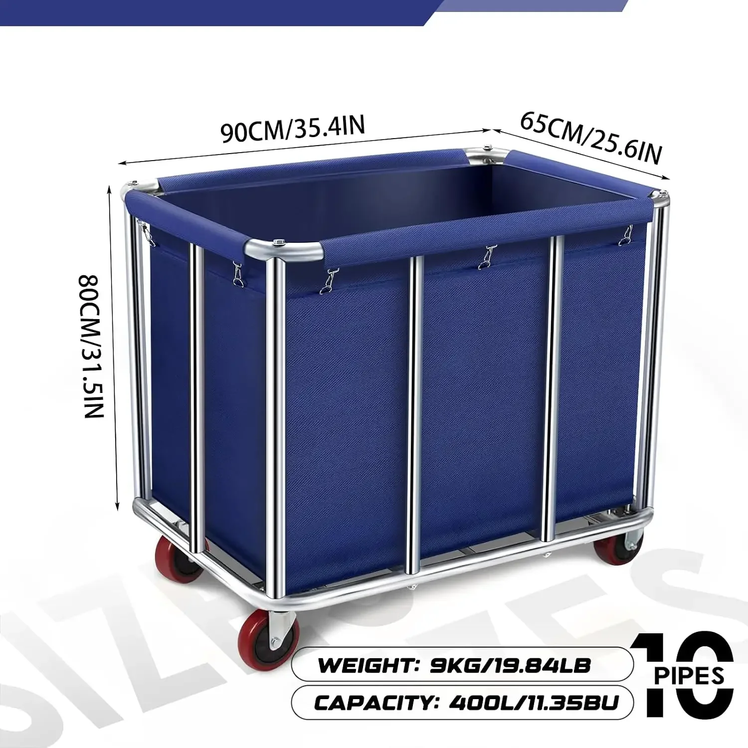 Commercial Laundry Cart with Wheels, 11.40 Bushel Large Laundry Rolling Bins with Removable Waterproof Canvas Lining Basket, Hea