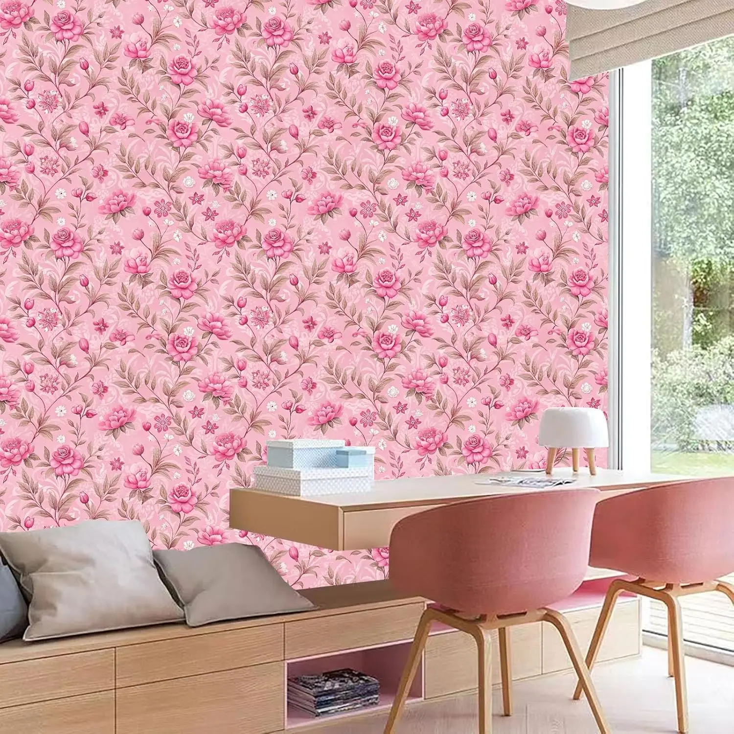 핑크 꽃 껍질과 스틱 벽지 꽃 접촉 종이 이동식 방수 벽 종이 비닐 자체 접착 벽지