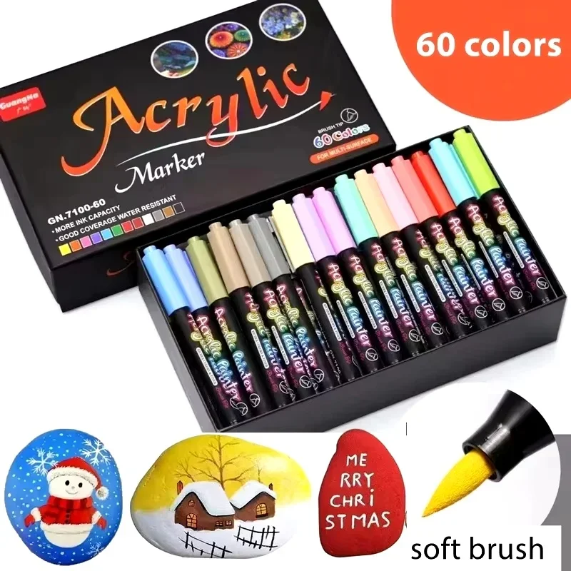 

60 Colors Acrylic Paint Pens Markers Permanent Markers for Rock Painting Glass Ceramic Fabric Wood Metal Brush Tip Art Supplies