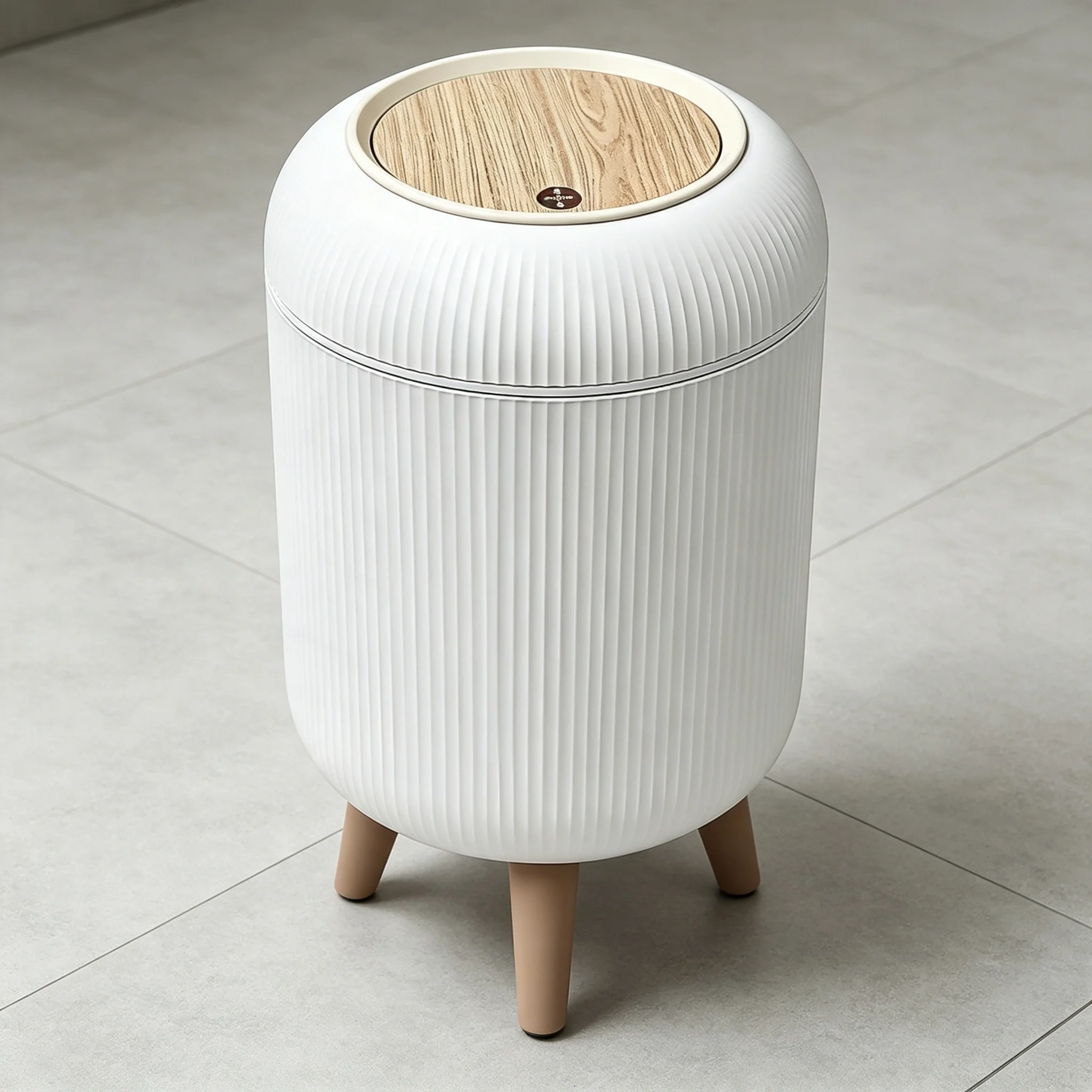 Aesthetic Vertical‑Ribbed Trash Bin, Round Flip‑Top Plastic Waste Can with Elevated 3‑Leg Base, Boho Modern Decorative Garbage Bucket for Home