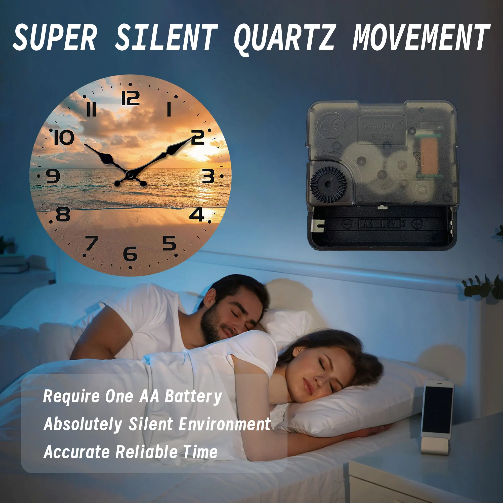 غروب الشمس على الشاطئ مع ساعة حائط صامتة، ساعة حائط خشبية مستديرة، مناسبة لغرفة المعيشة وغرفة النوم وديكور الغرفة،