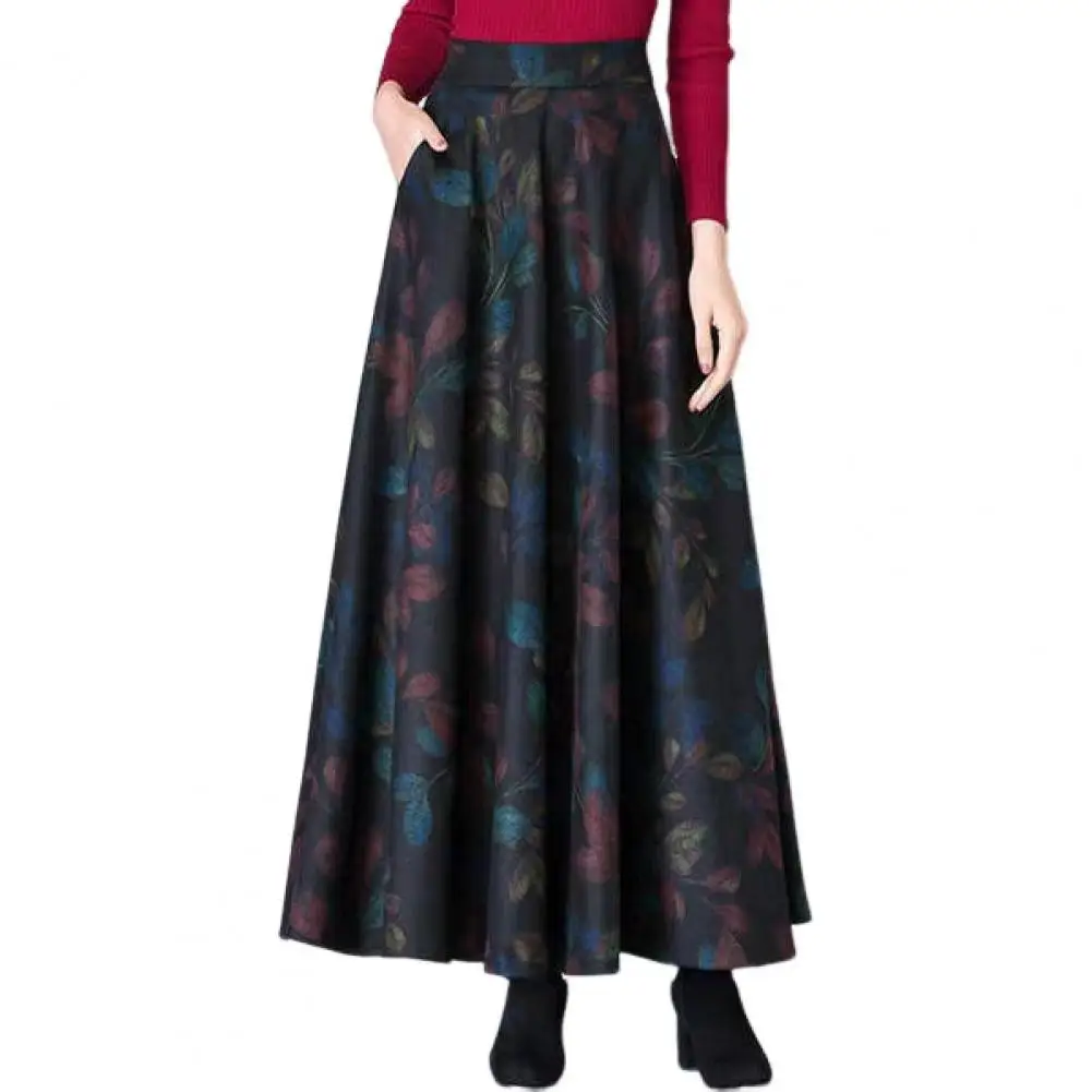 

Autumn Winter Woolen Skirt Elegant Woolen Maxi Skirt with Pockets Plaid Pattern A-line Design High Waist Elastic for Autumn