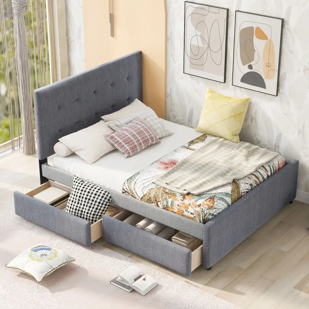 Linen Upholstered Platform Bed With Headboard and Two Drawers, Grey color, 3 Sizes