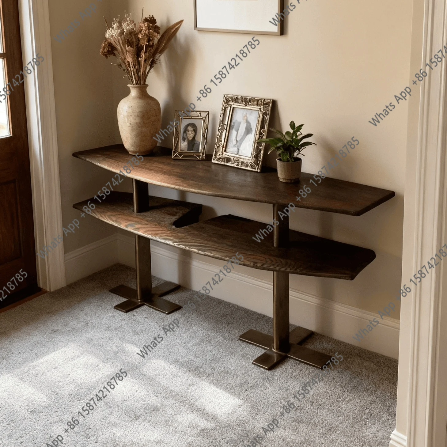 

Nordic solid wood curved entrance table, modern simple entry against the wall, multi-layer storage table