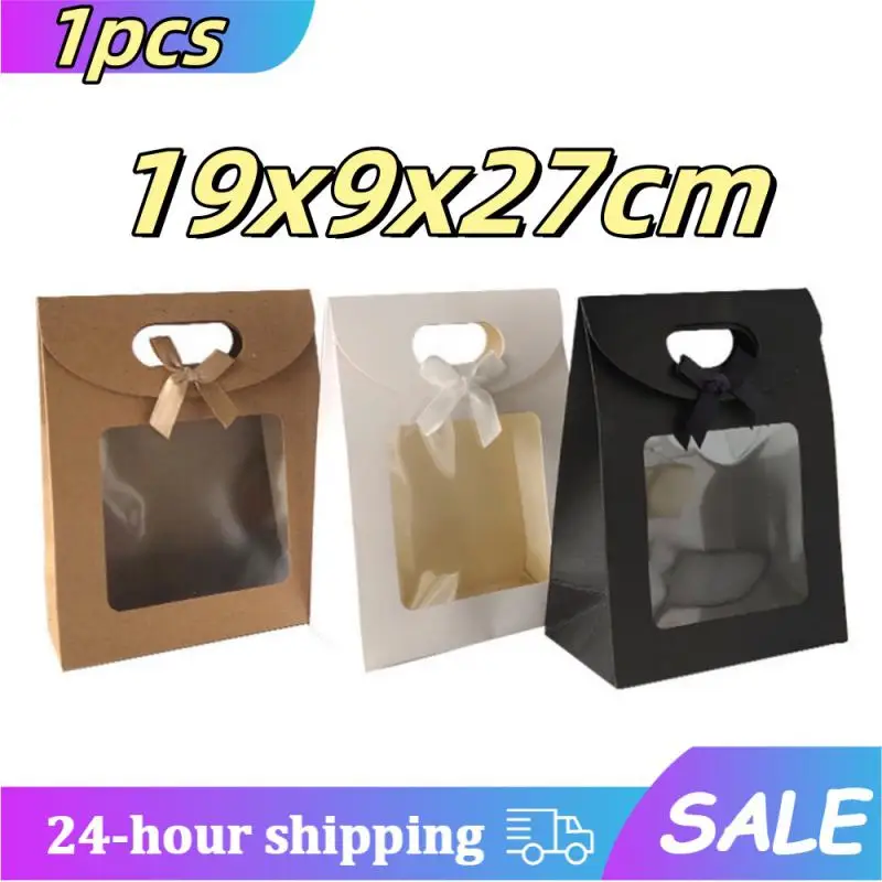 Kraft Paper Bags Candy Biscuits Cake Packing Gift Box Transparent Clear Window Bag With Handle 19x9x27cm Gift Bag Christmas