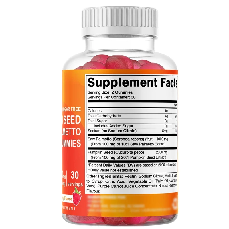 Vitamin sugar free pumpkin seed gummies, 3000 milligrams per serving, made from sawn palm, with 60 raspberry flavored capsules